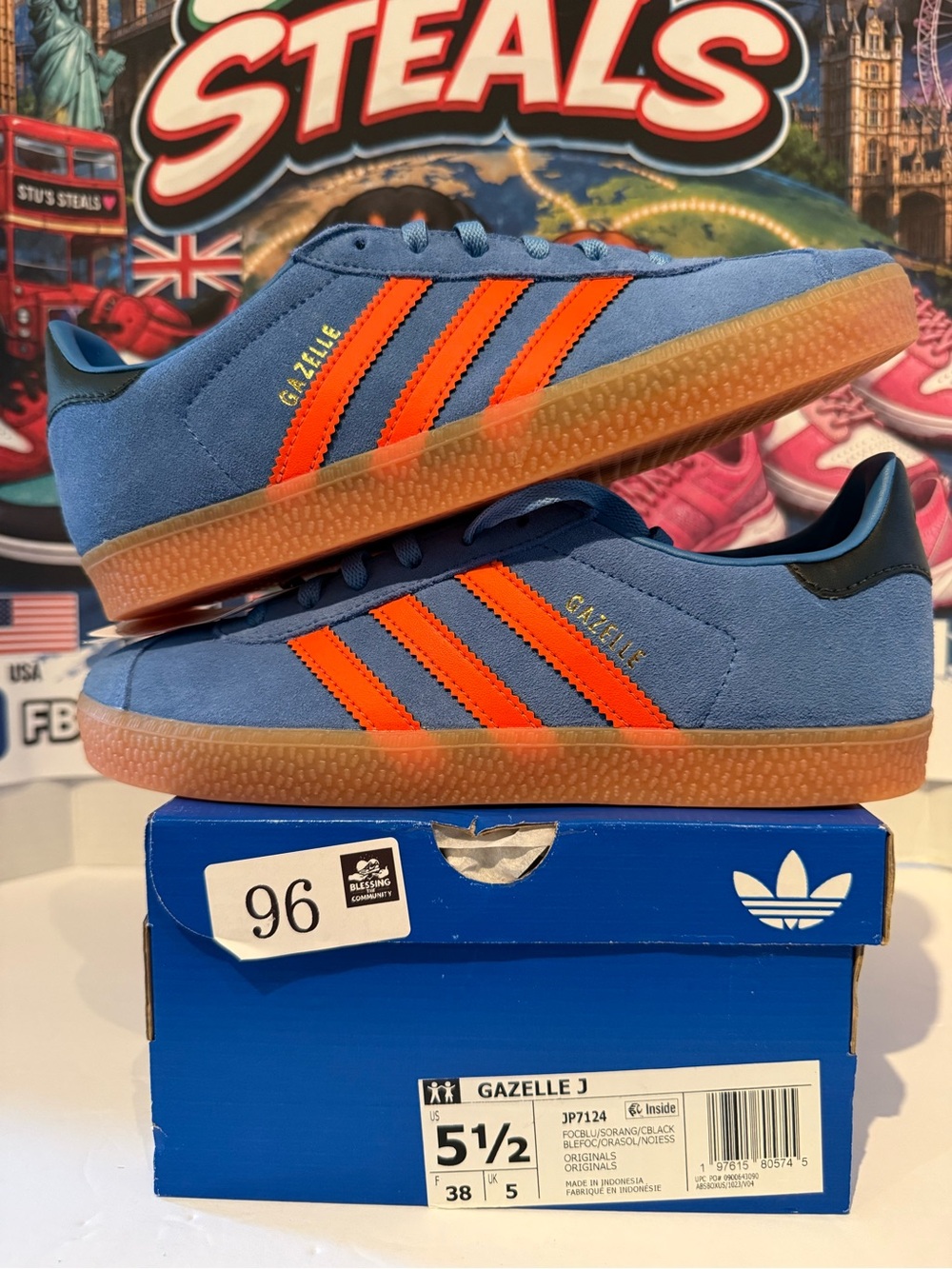 adidas Blue Suede Gazelle J Sneakers with Orange Stripes